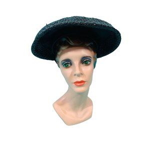 Vintage 1950s Wicker Hat Womens Large Black Sun Velvet Detail